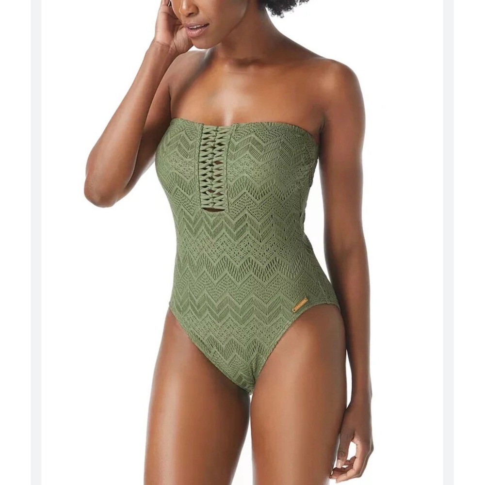 Vince‎ Camuto Crochet Strapless One Piece Swimsuit Safari Green V90734 Womens 8